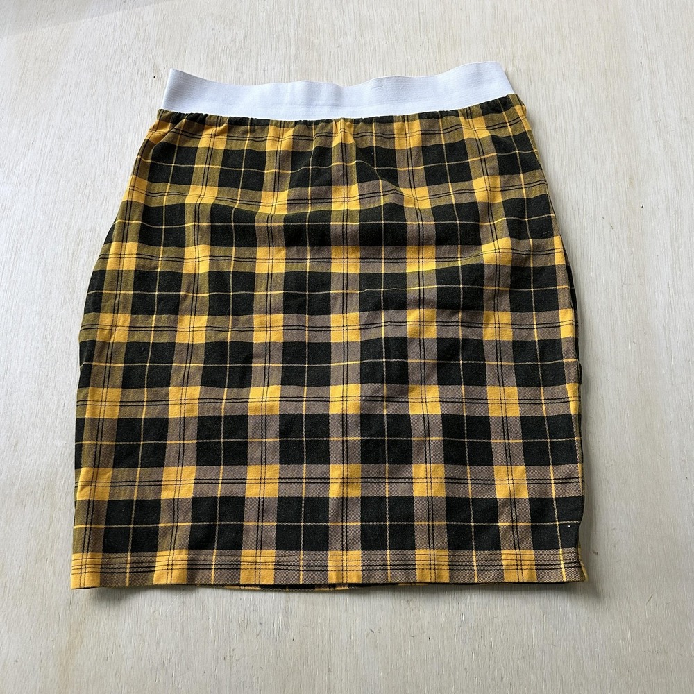 Vintage Stefano Skirt Womens Large Yellow Plaid Pencil Knee Length Elastic Waist